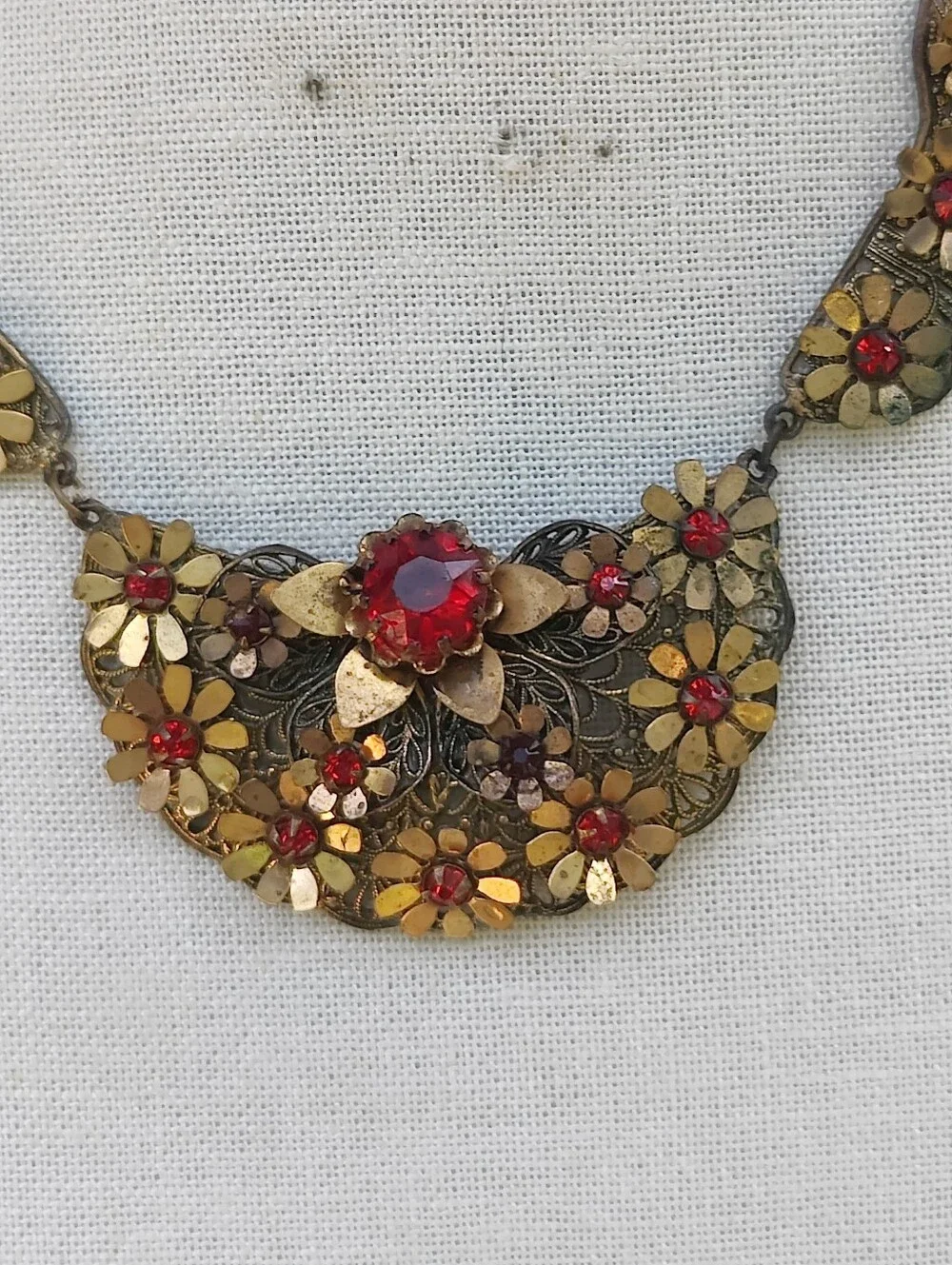 Antique Victorian Red Czech Glass Floral Necklace